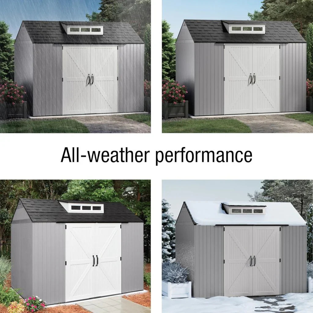Storage Shed - Resin Outdoor - Featuring Floor (7 X 7 Ft) Weather Resistant Gray Organization for Home/backyard/garden Tools/lawn Mower/bike