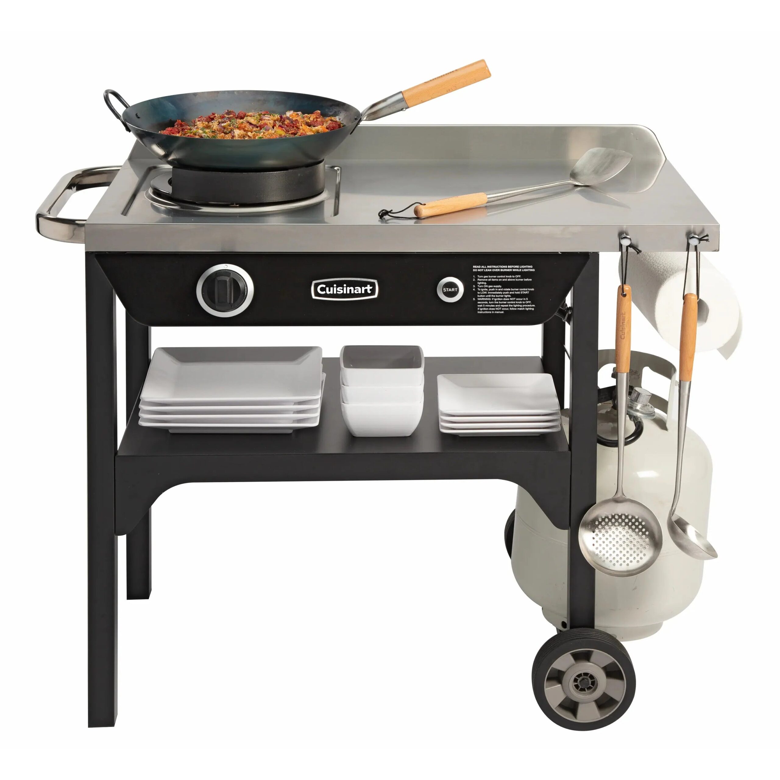 Outdoor Wok Station, Featuring 50, 000 BTU Propane Outdoor Wok Burner W Prep Table, 14 Carbon Steel Wok for Stir Fry, Searing, BBQ Black