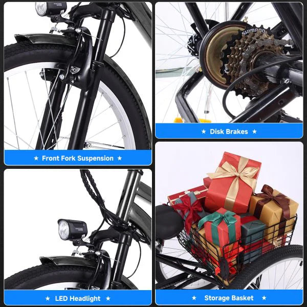 Tricycle - 26 Inch Adult 3 Wheel Electric, Featuring Basket - Fat Tires, 7 Speeds, 350W Powerful Motor, 36V 10Ah Removable Battery Dark Gray
