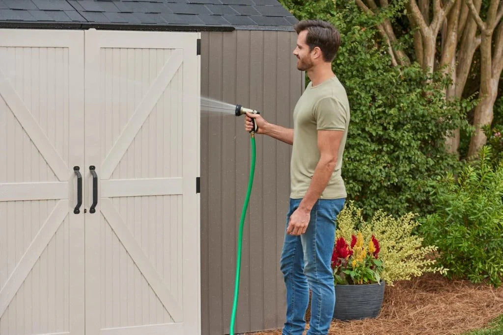Storage Shed - Resin Outdoor - Featuring Floor (7 X 7 Ft) Weather Resistant Gray Organization for Home/backyard/garden Tools/lawn Mower/bike