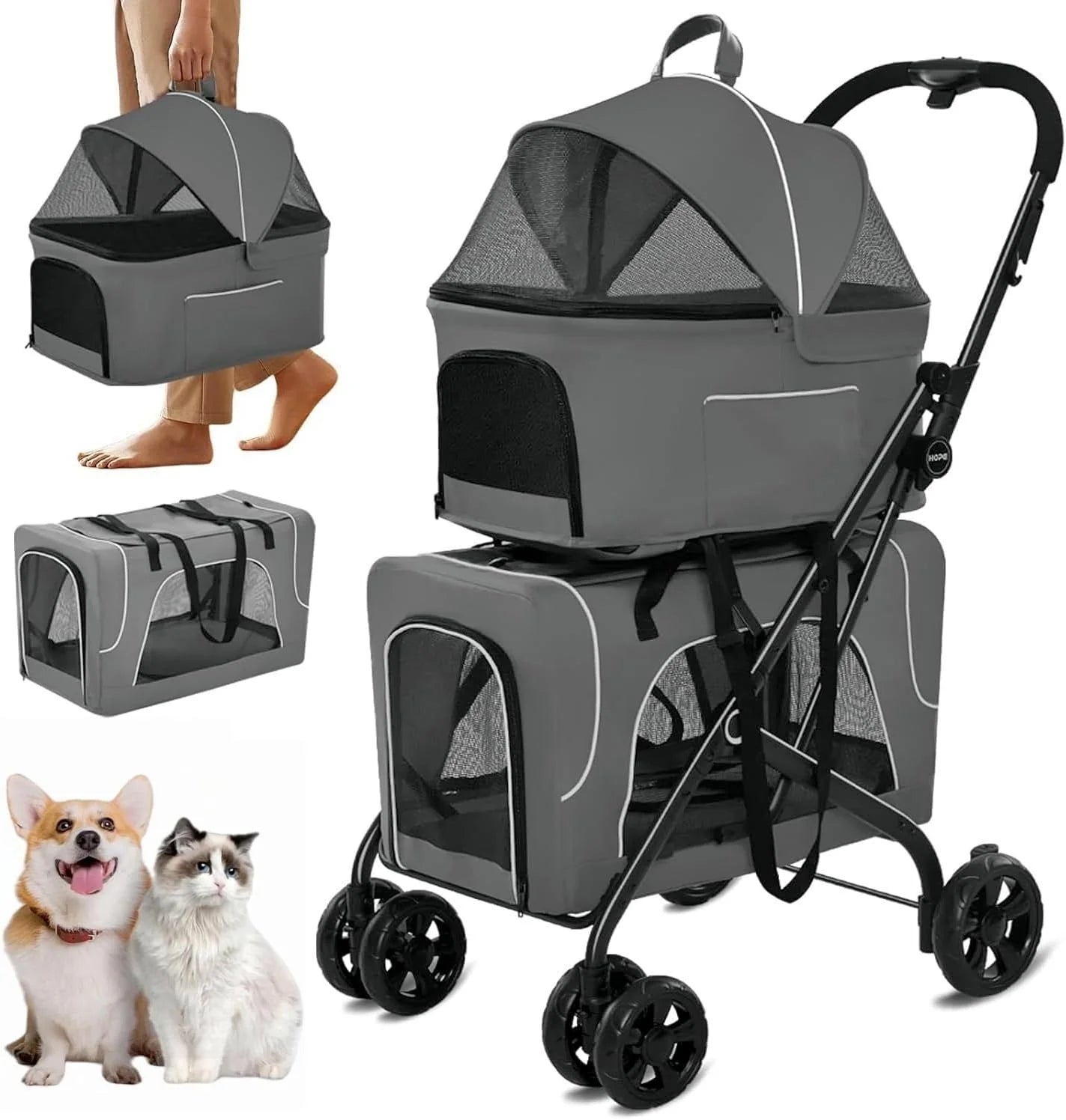 Stroller - Double Dog, Designed for 2 Dogs - Detachable Carriers, Safety Belt, Lockable Wheels, Pet Travel Carrier Strolling Cart, Folding Cat Stroller