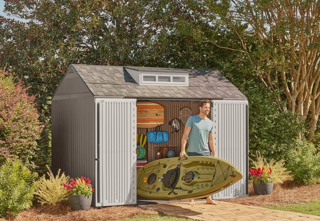 Storage Shed - Resin Outdoor - Featuring Floor (7 X 7 Ft) Weather Resistant Gray Organization for Home/backyard/garden Tools/lawn Mower/bike