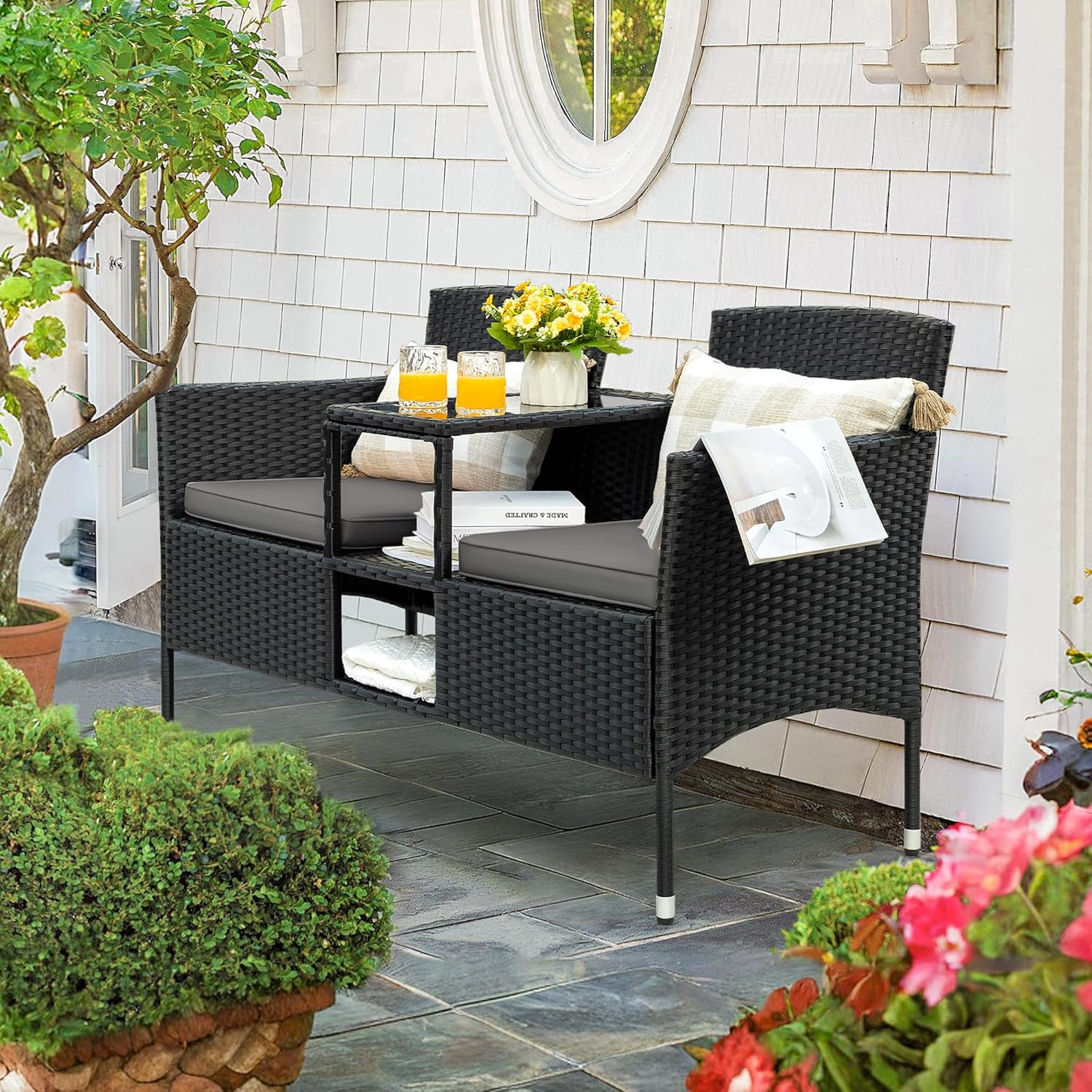 Loveseat - Outdoor Furniture Patio, Wicker 2-Seat with Built-in Table and Cushions Rattan Porch Chairs Bench for Balcony - Lawn, Backyard (Beige)