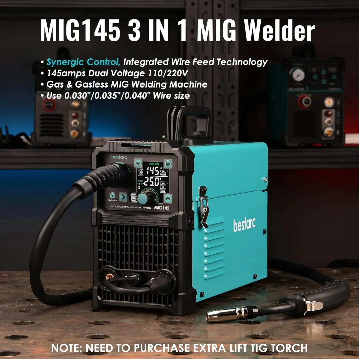MIG Welder - 145A - 110V/220V Dual Voltage Gas/gasless Flux Core MIG Welder/lift Tig/stick 3 in 1 Synergic MIG145 9GEN Welding Machine, Flux/solid
