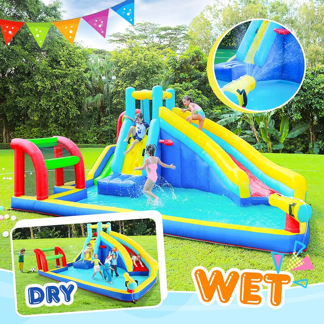 1787384810_njgZoAHe Water Slide - Kids Outdoor Inflatable Bouncers, Pool with Long Slide Climbing Wall - Including Stakes (with 450W Air Blower)
