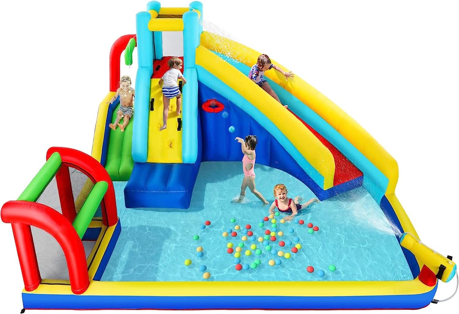 1787384822_RrH54qws Water Slide - Kids Outdoor Inflatable Bouncers, Pool with Long Slide Climbing Wall - Including Stakes (with 450W Air Blower)