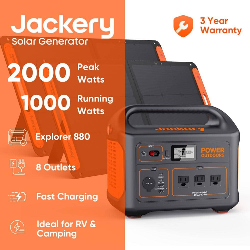 1787385320_3bToQ0zy Solar Generator - 1000W Output/2000W Peak Portable Power Station Explorer 880-Push Start, w/2-Solar Panels - Designed for Outdoors
