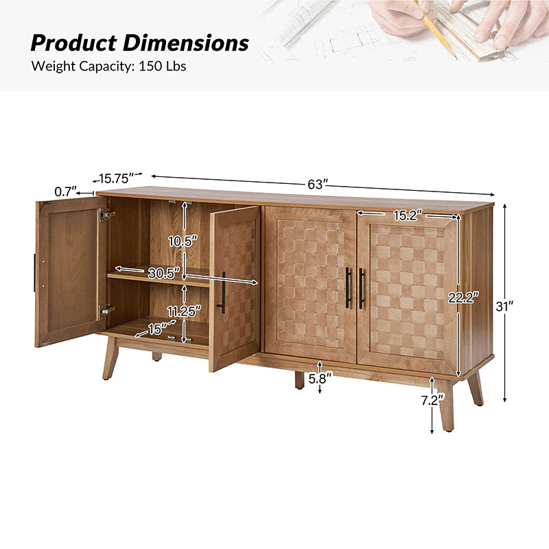 63 szeroki Sideboard z Maple Veneer Woven szafka Doors
