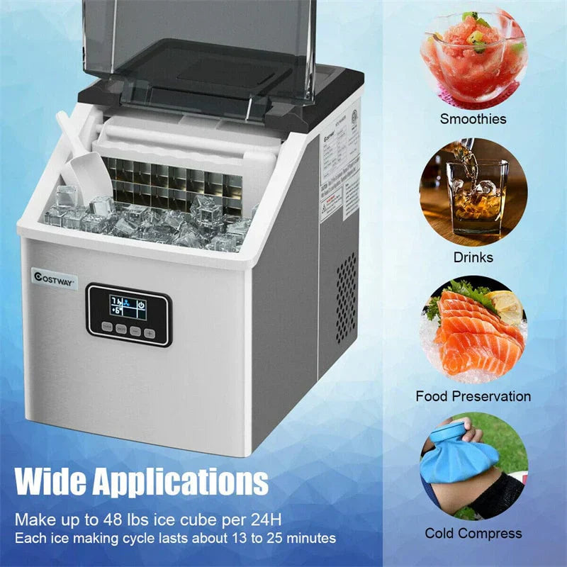 Countertop Ice Maker Machine - 48LBS/24H Stainless Steel - Featuring Self-clean Function LCD Display Ice Scoop Basket