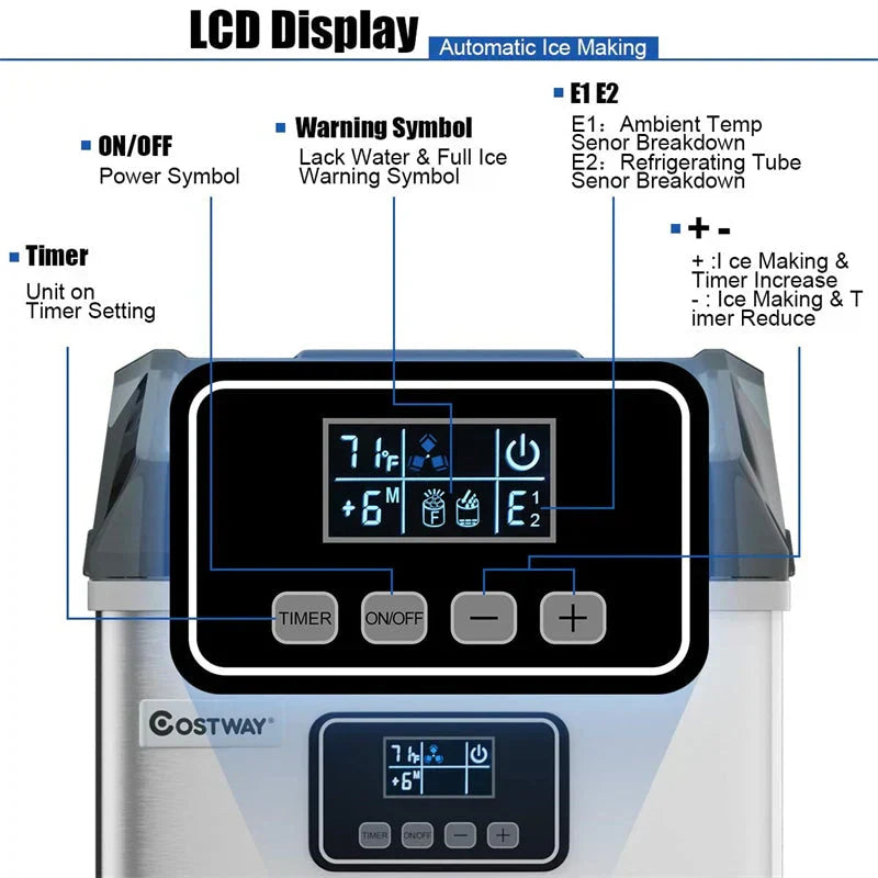 Countertop Ice Maker Machine - 48LBS/24H Stainless Steel - Featuring Self-clean Function LCD Display Ice Scoop Basket