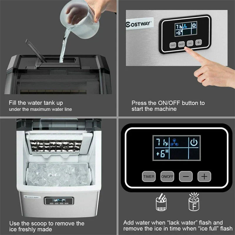 Countertop Ice Maker Machine - 48LBS/24H Stainless Steel - Featuring Self-clean Function LCD Display Ice Scoop Basket