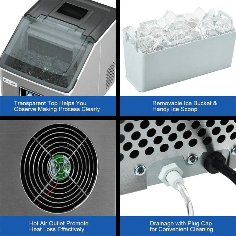 Countertop Ice Maker Machine - 48LBS/24H Stainless Steel - Featuring Self-clean Function LCD Display Ice Scoop Basket