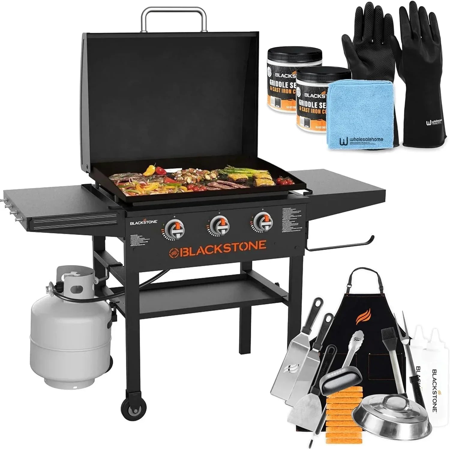 Griddle - 28 Inch, 2080 with Hood XL Griddle Original 3-Burner Outdoor Flat Top Grill - Featuring Griddle Accessories, Seasoning