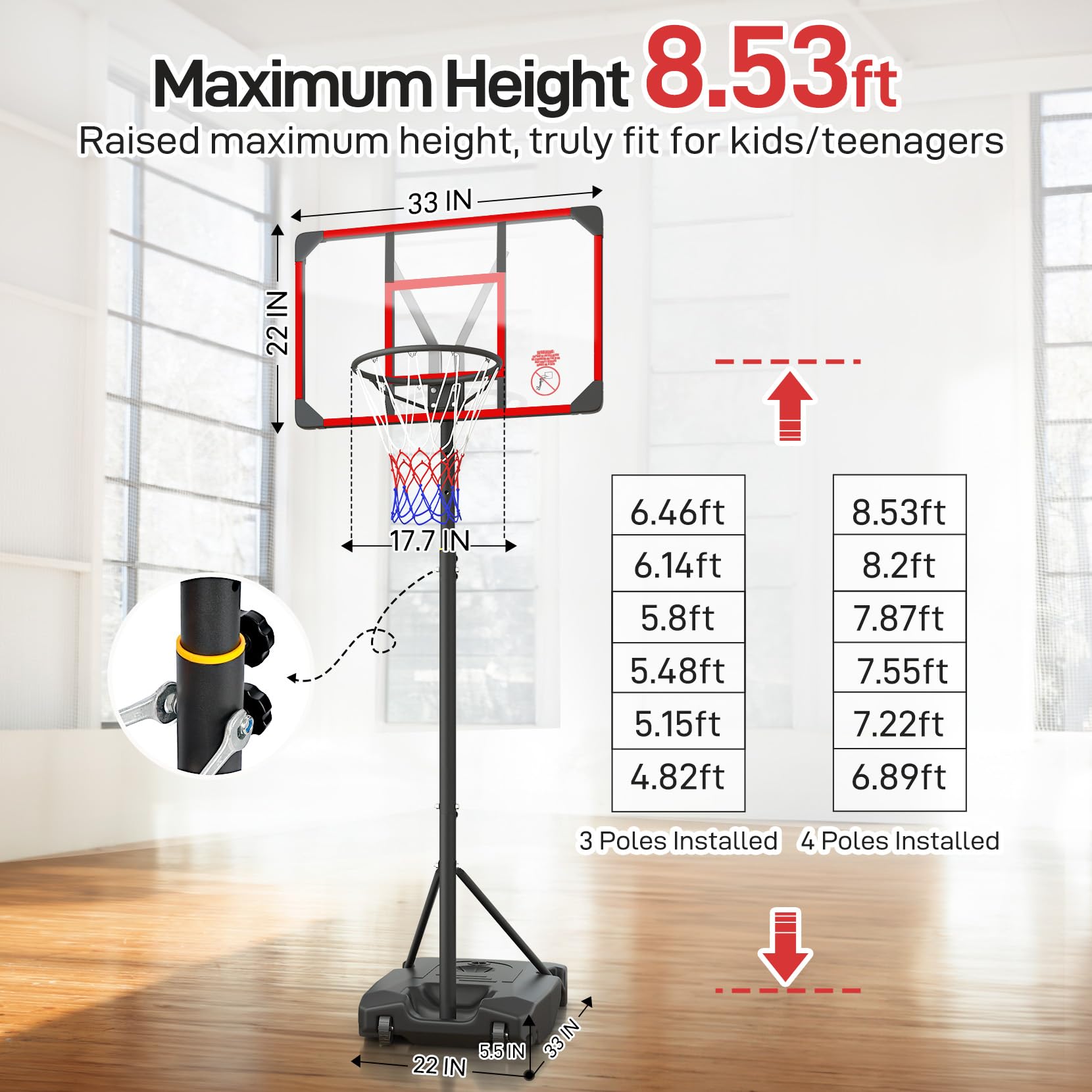Basketball Hoop, dla dzieci regulowany, 4.82-8.53ft