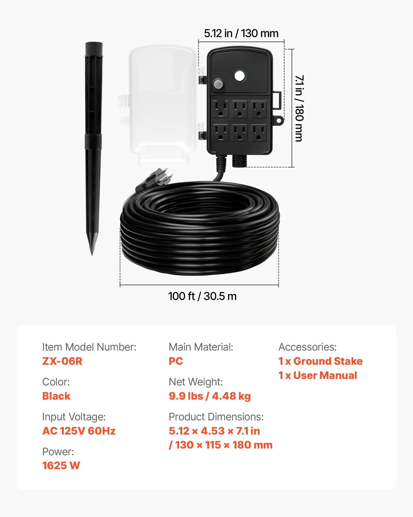 Zewnętrzny moc Stake 100 ft wodoodporny Extension Cord