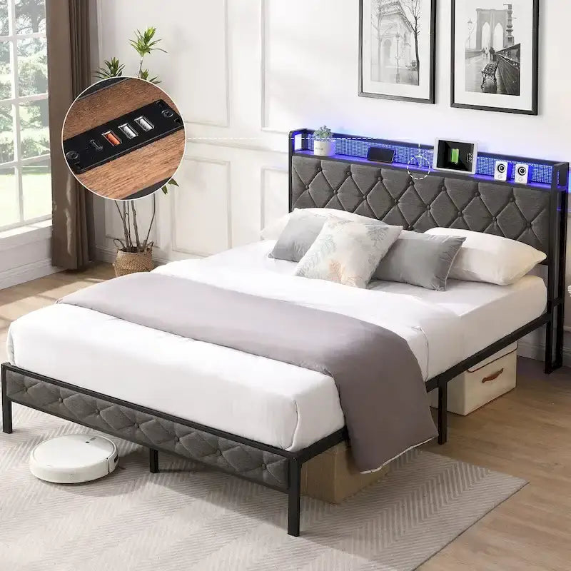Charging Station - Upholstered Queen Bed Frame with Built-in, and LED Lights - Sturdy Platform Design with Heavy Metal Slats, No Box Spring Required