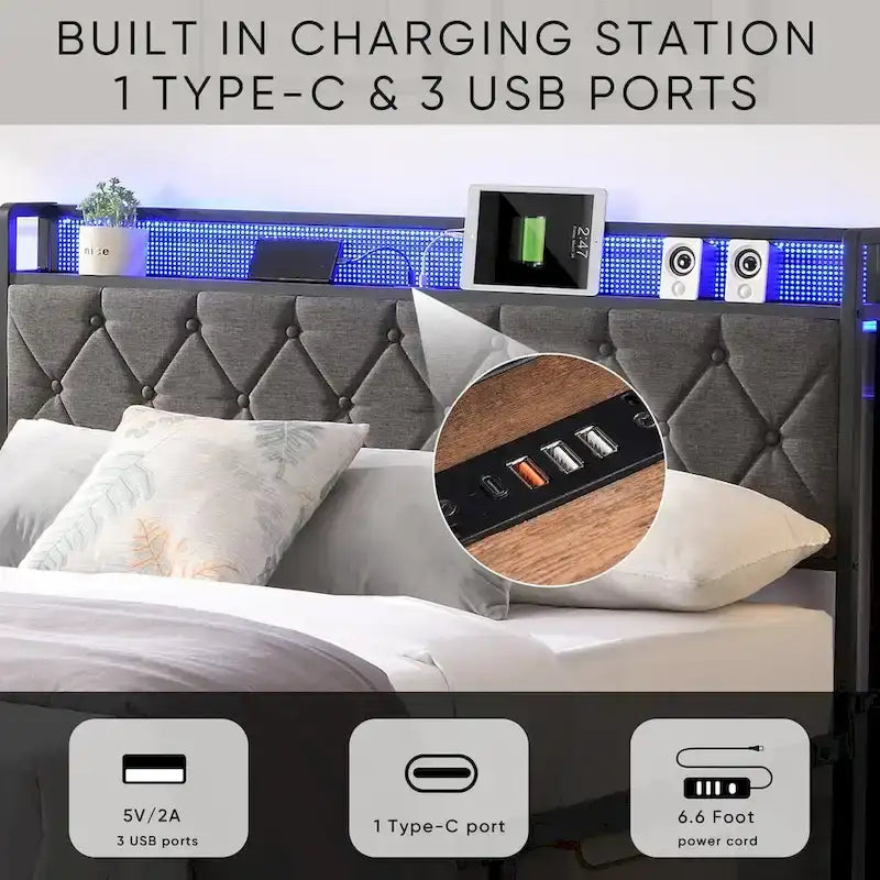 Charging Station - Upholstered Queen Bed Frame with Built-in, and LED Lights - Sturdy Platform Design with Heavy Metal Slats, No Box Spring Required