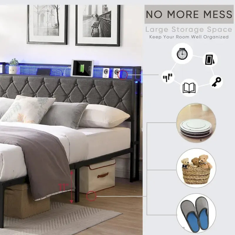 Charging Station - Upholstered Queen Bed Frame with Built-in, and LED Lights - Sturdy Platform Design with Heavy Metal Slats, No Box Spring Required