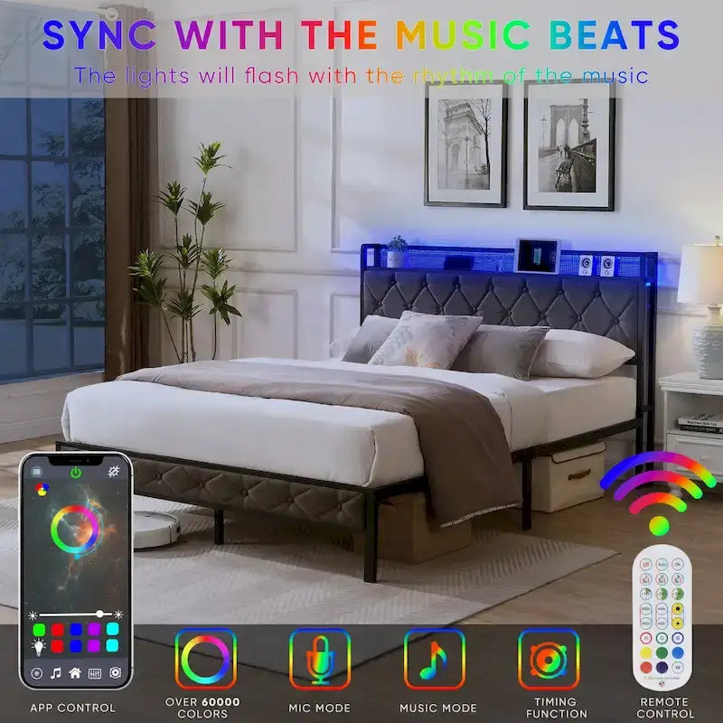 Charging Station - Upholstered Queen Bed Frame with Built-in, and LED Lights - Sturdy Platform Design with Heavy Metal Slats, No Box Spring Required