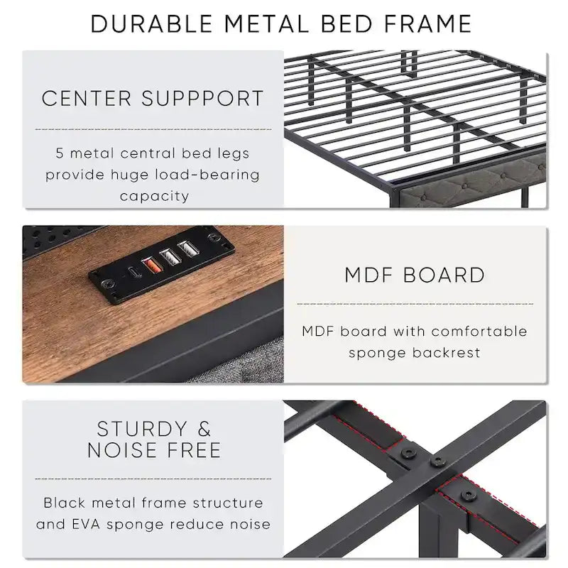 Charging Station - Upholstered Queen Bed Frame with Built-in, and LED Lights - Sturdy Platform Design with Heavy Metal Slats, No Box Spring Required