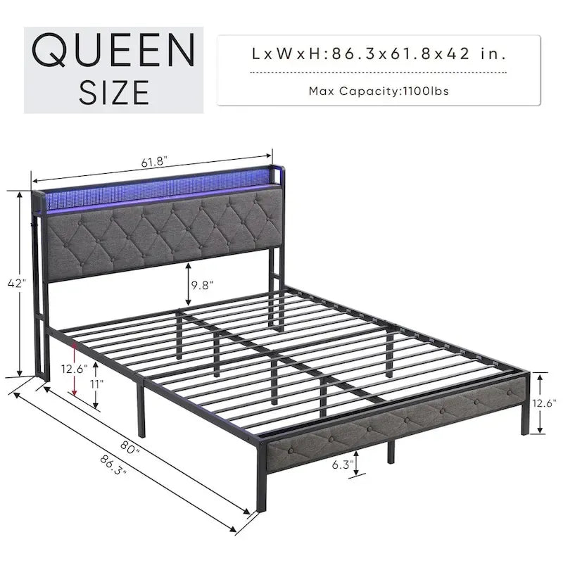 Charging Station - Upholstered Queen Bed Frame with Built-in, and LED Lights - Sturdy Platform Design with Heavy Metal Slats, No Box Spring Required