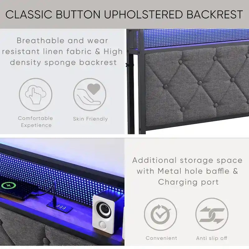 Charging Station - Upholstered Queen Bed Frame with Built-in, and LED Lights - Sturdy Platform Design with Heavy Metal Slats, No Box Spring Required