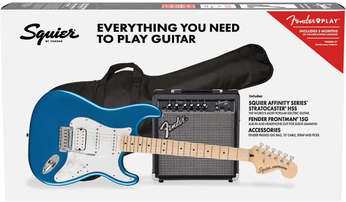 Squier by Affinity seria Stratocaster pakiet, Hss, Maple Fingerboard, Lake Placid niebieski