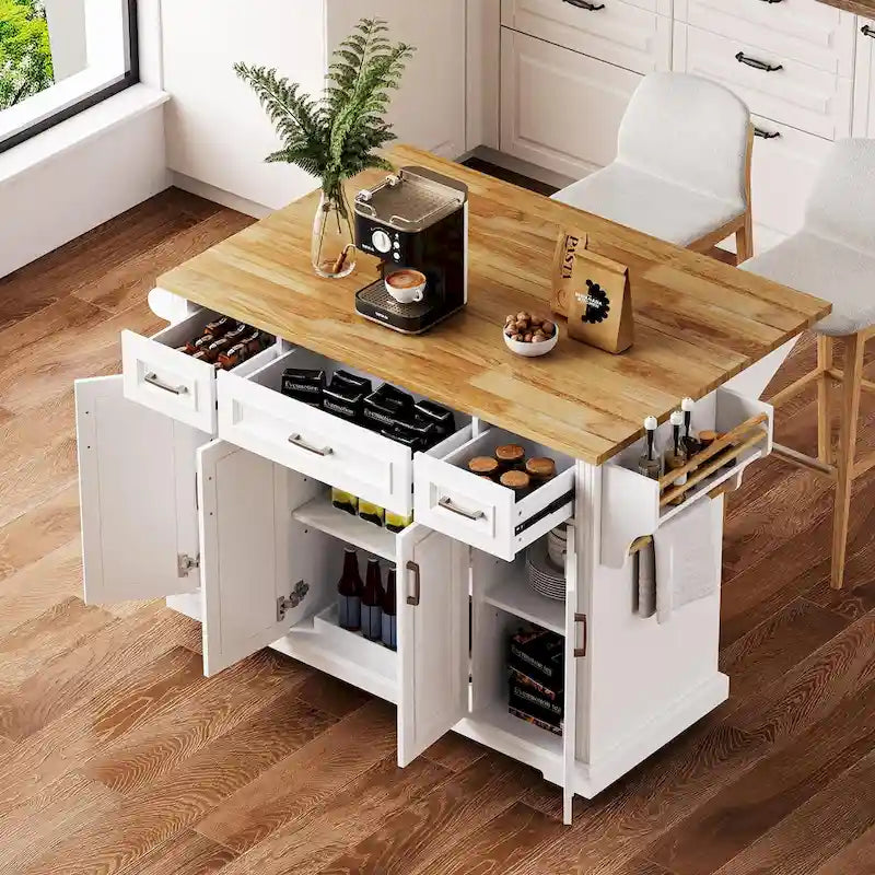 White Kitchen Island with Wood Drop Leaf, Featuring Embossed Texture Rolling Cart Featuring Doors and Drawers for Ample Storage
