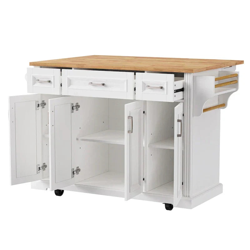 White Kitchen Island with Wood Drop Leaf, Featuring Embossed Texture Rolling Cart Featuring Doors and Drawers for Ample Storage