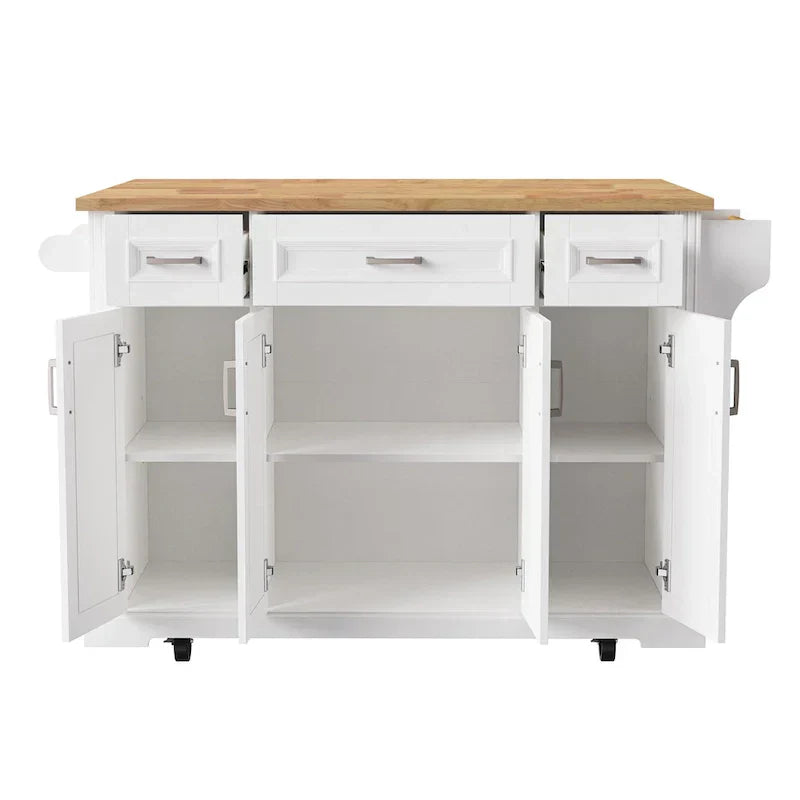 White Kitchen Island with Wood Drop Leaf, Featuring Embossed Texture Rolling Cart Featuring Doors and Drawers for Ample Storage