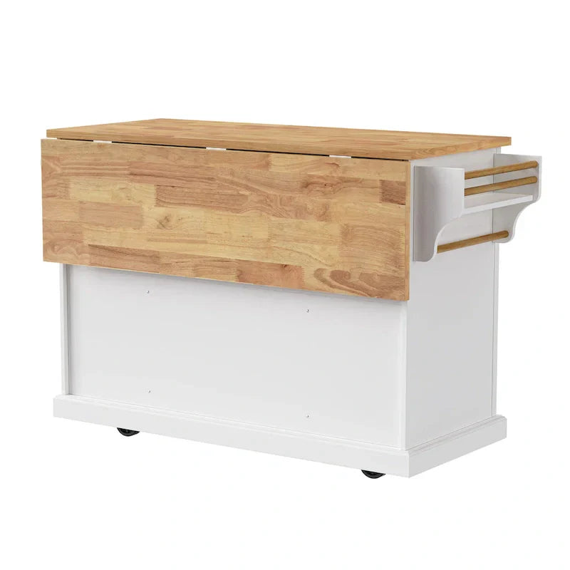 White Kitchen Island with Wood Drop Leaf, Featuring Embossed Texture Rolling Cart Featuring Doors and Drawers for Ample Storage