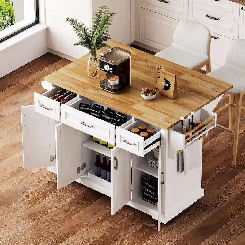 White Kitchen Island with Wood Drop Leaf, Featuring Embossed Texture Rolling Cart Featuring Doors and Drawers for Ample Storage