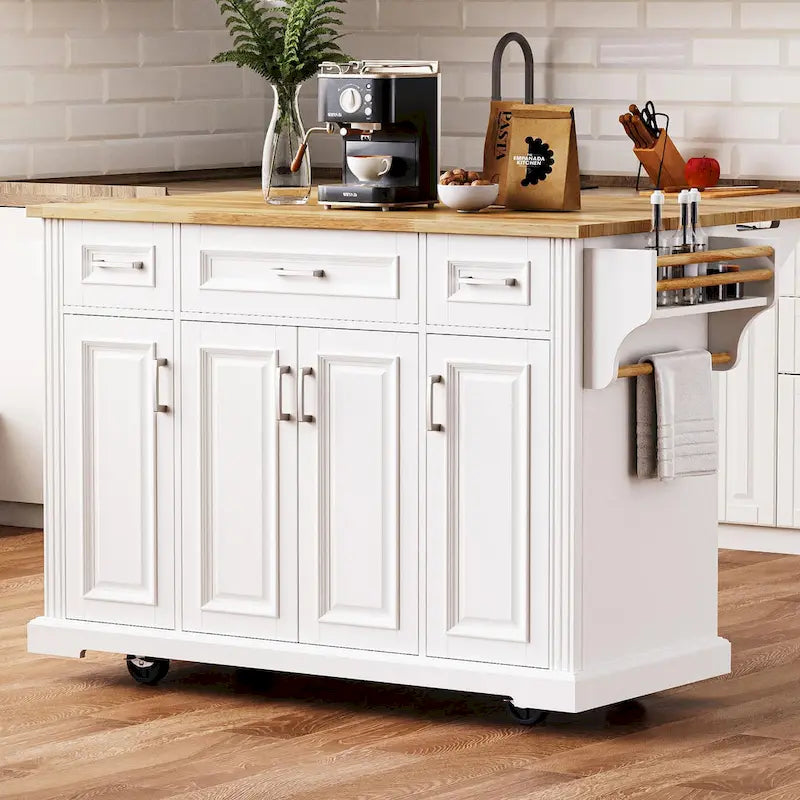 White Kitchen Island with Wood Drop Leaf, Featuring Embossed Texture Rolling Cart Featuring Doors and Drawers for Ample Storage