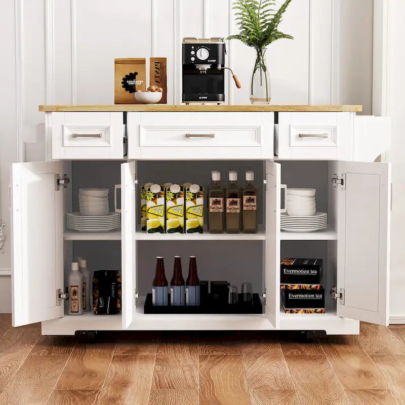 White Kitchen Island with Wood Drop Leaf, Featuring Embossed Texture Rolling Cart Featuring Doors and Drawers for Ample Storage