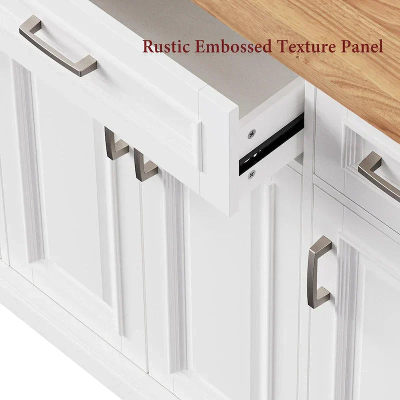 White Kitchen Island with Wood Drop Leaf, Featuring Embossed Texture Rolling Cart Featuring Doors and Drawers for Ample Storage