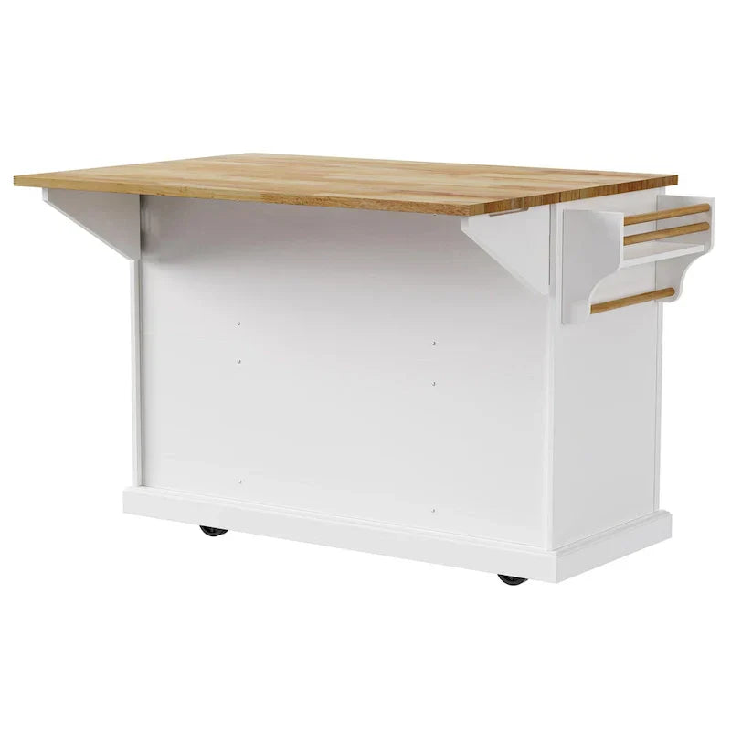 White Kitchen Island with Wood Drop Leaf, Featuring Embossed Texture Rolling Cart Featuring Doors and Drawers for Ample Storage