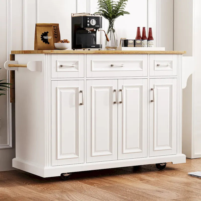 White Kitchen Island with Wood Drop Leaf, Featuring Embossed Texture Rolling Cart Featuring Doors and Drawers for Ample Storage