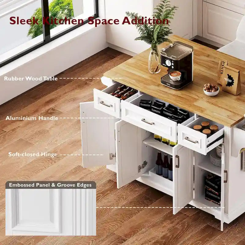 White Kitchen Island with Wood Drop Leaf, Featuring Embossed Texture Rolling Cart Featuring Doors and Drawers for Ample Storage