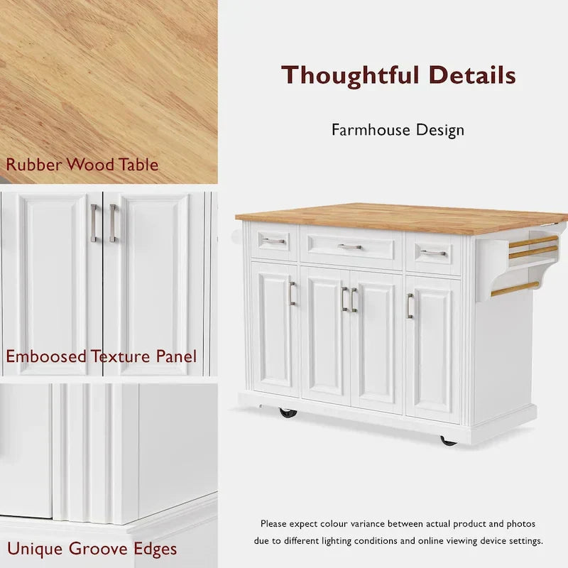 White Kitchen Island with Wood Drop Leaf, Featuring Embossed Texture Rolling Cart Featuring Doors and Drawers for Ample Storage