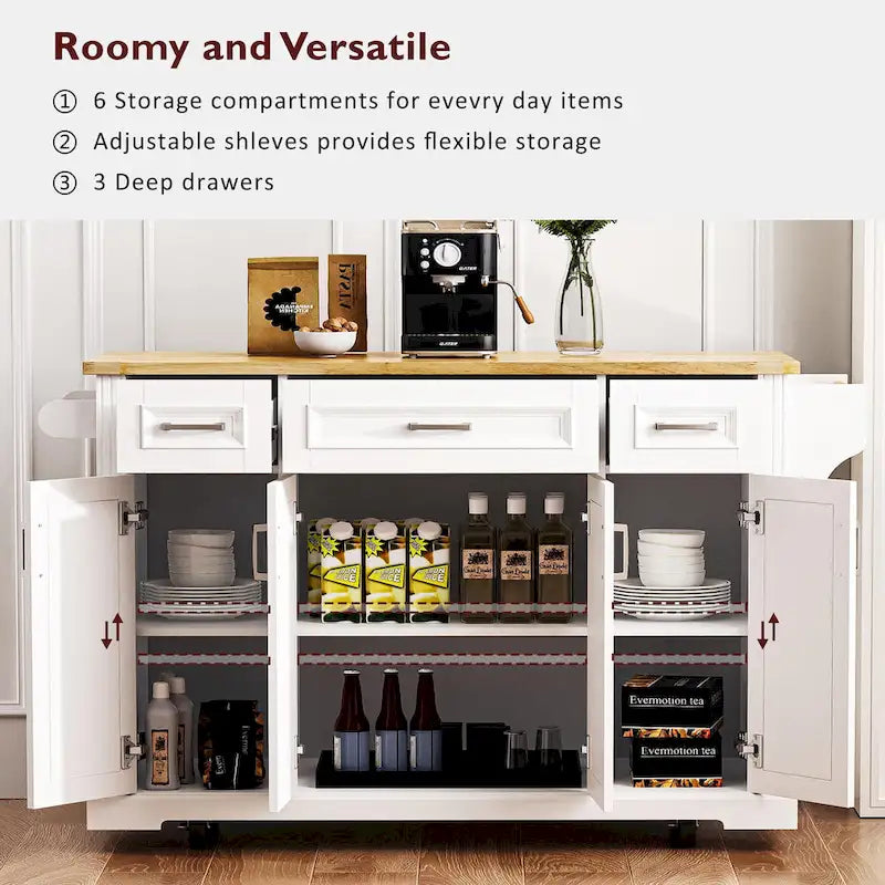 White Kitchen Island with Wood Drop Leaf, Featuring Embossed Texture Rolling Cart Featuring Doors and Drawers for Ample Storage