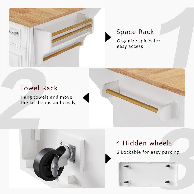 White Kitchen Island with Wood Drop Leaf, Featuring Embossed Texture Rolling Cart Featuring Doors and Drawers for Ample Storage