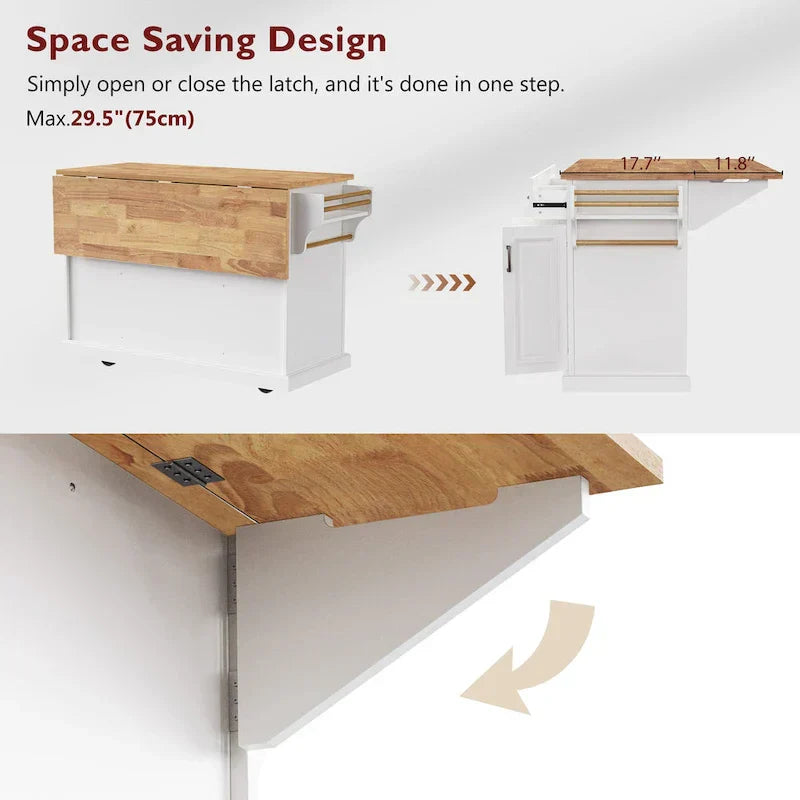 White Kitchen Island with Wood Drop Leaf, Featuring Embossed Texture Rolling Cart Featuring Doors and Drawers for Ample Storage