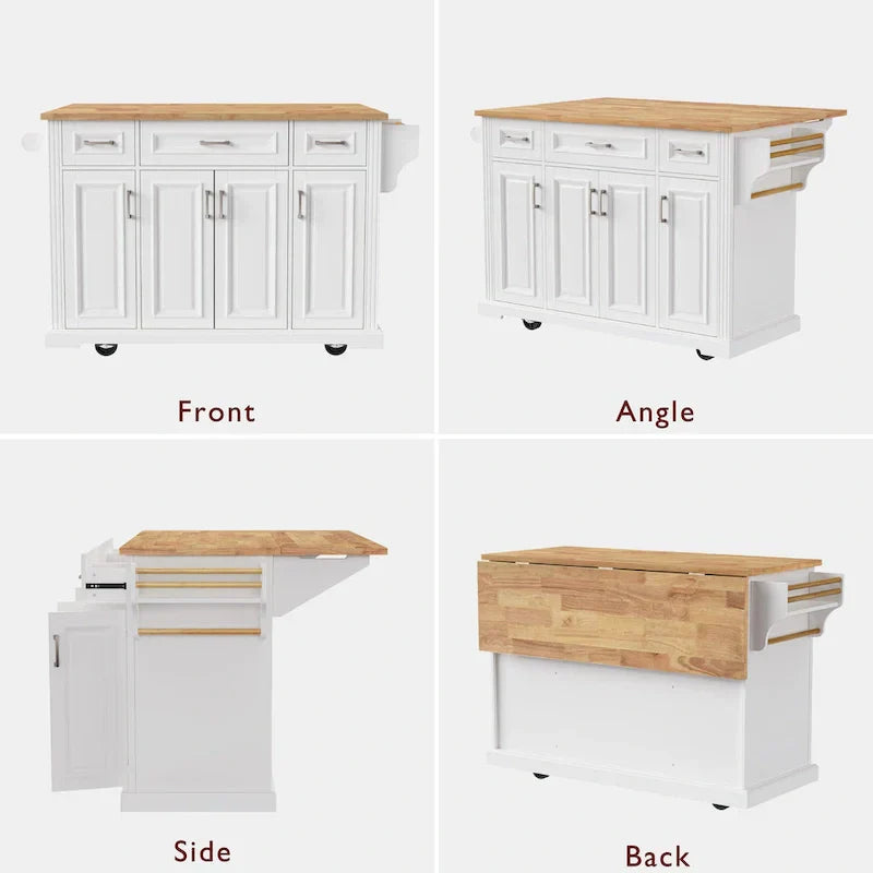 White Kitchen Island with Wood Drop Leaf, Featuring Embossed Texture Rolling Cart Featuring Doors and Drawers for Ample Storage