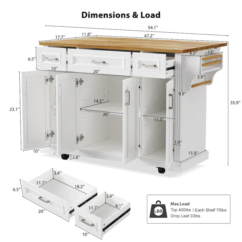 White Kitchen Island with Wood Drop Leaf, Featuring Embossed Texture Rolling Cart Featuring Doors and Drawers for Ample Storage