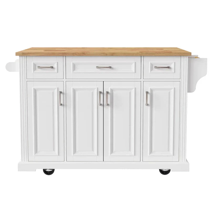 White Kitchen Island with Wood Drop Leaf, Featuring Embossed Texture Rolling Cart Featuring Doors and Drawers for Ample Storage