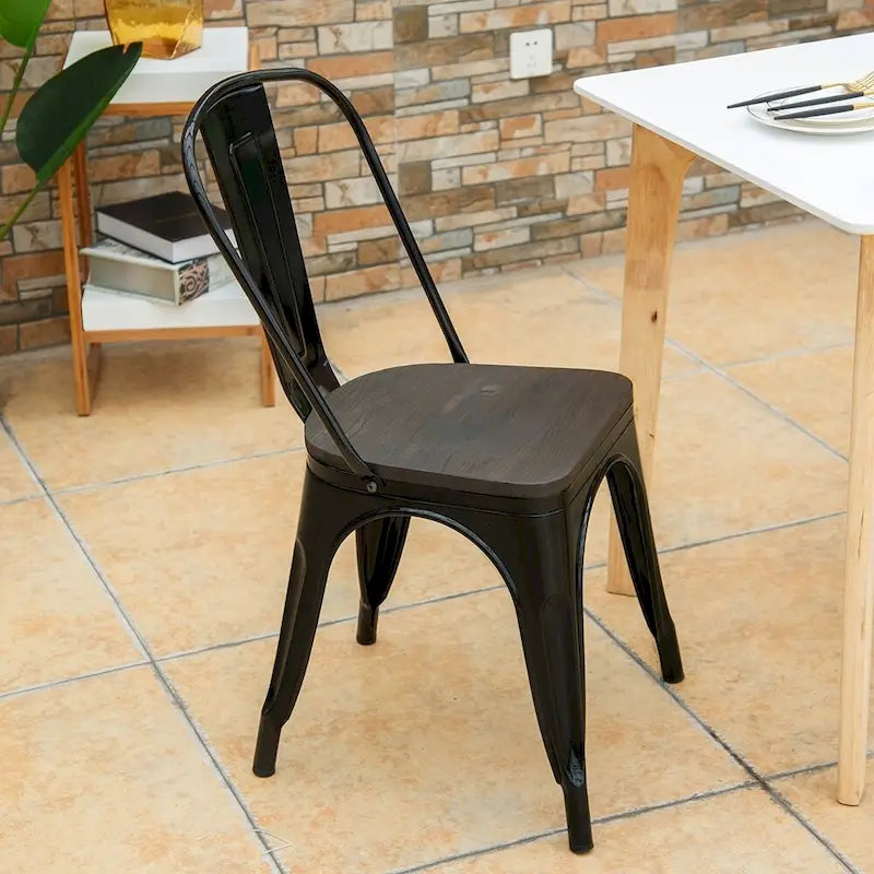 Dining Chairs - Set of 4 Stackable Bistro Cafe, Featuring Metal Frame and Wooden Seat - Details Inside