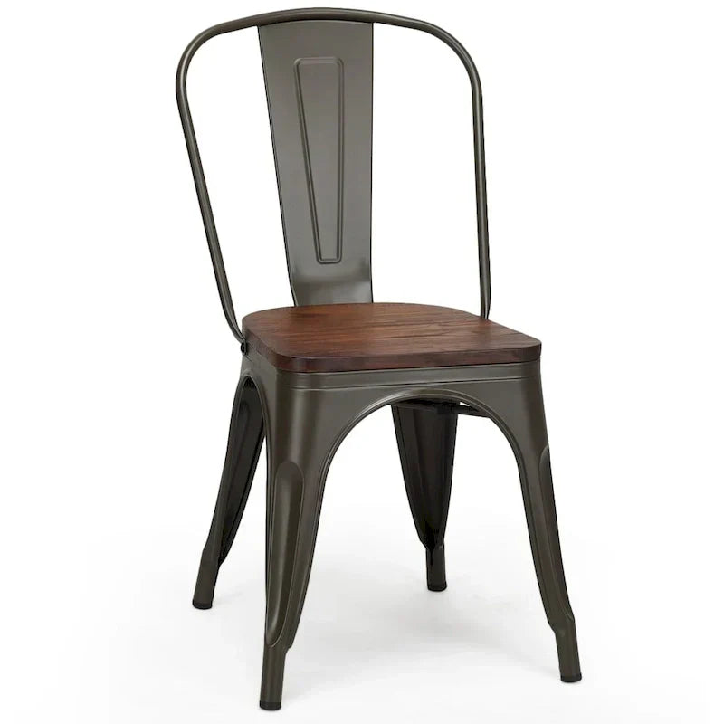 Dining Chairs - Set of 4 Stackable Bistro Cafe, Featuring Metal Frame and Wooden Seat - Details Inside