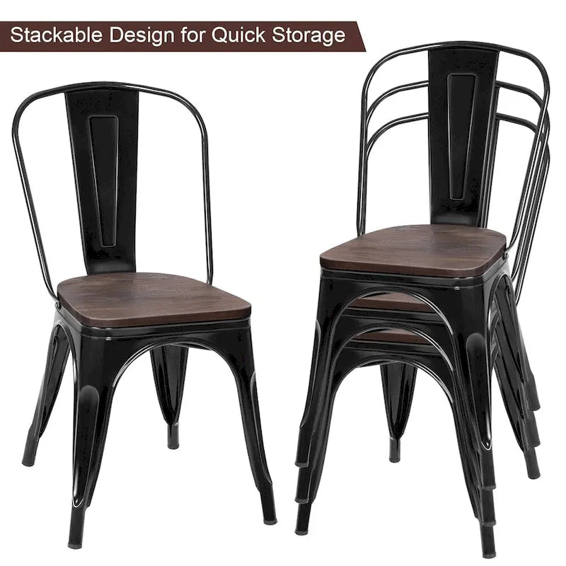 Dining Chairs - Set of 4 Stackable Bistro Cafe, Featuring Metal Frame and Wooden Seat - Details Inside