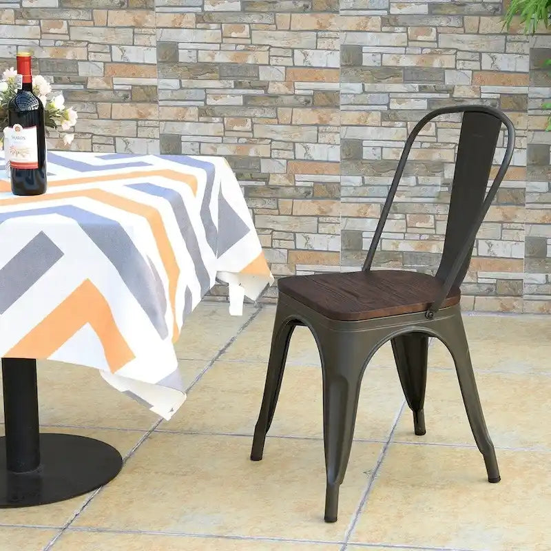 Dining Chairs - Set of 4 Stackable Bistro Cafe, Featuring Metal Frame and Wooden Seat - Details Inside