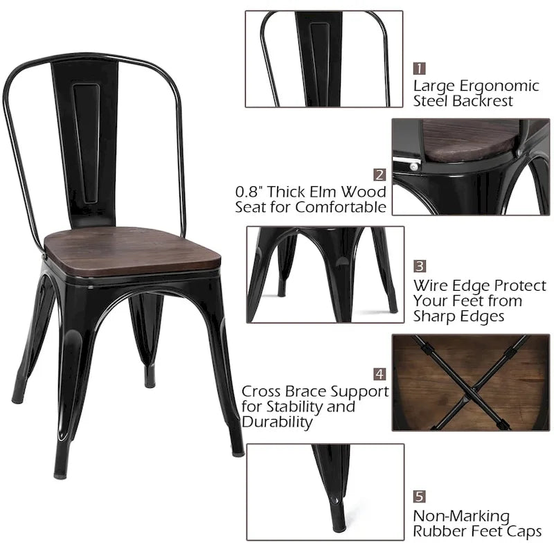 Dining Chairs - Set of 4 Stackable Bistro Cafe, Featuring Metal Frame and Wooden Seat - Details Inside